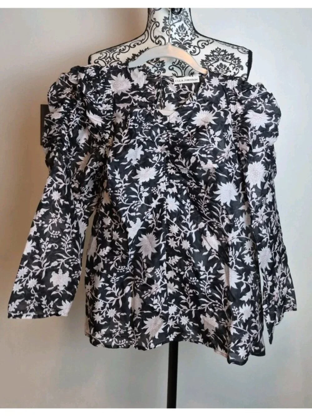 Ulla Johnson Posey Floral Silk Cotton Puff Sleeve Blouse Top Black White Sz 4